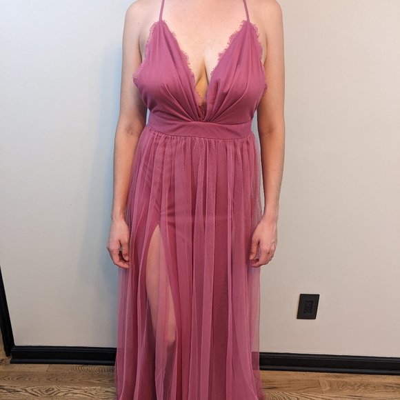 Luxxel Dresses & Skirts - Magenta Tulle Maxi Dress with Lace Detail